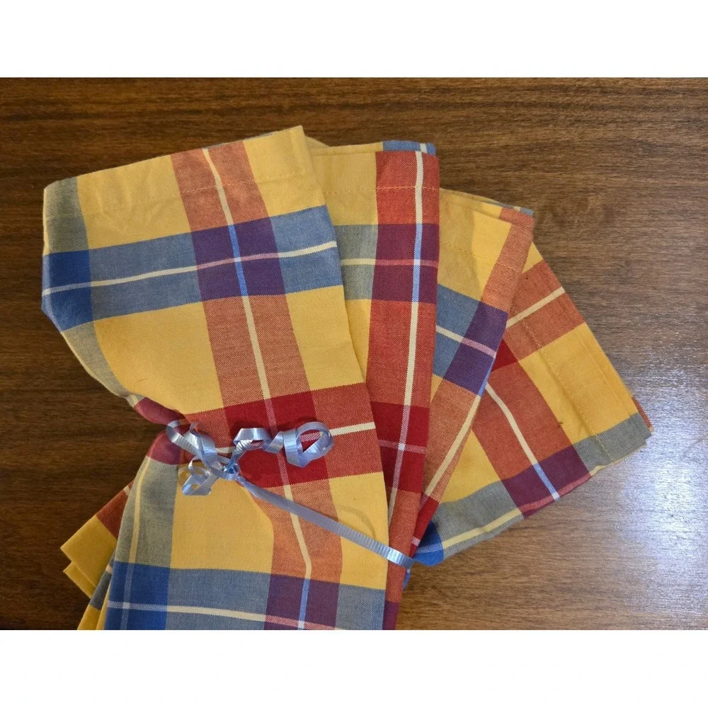 Set of 4 Yellow Red Blue Plaid Cloth Napkins 20x21 Farmhouse Table Linens